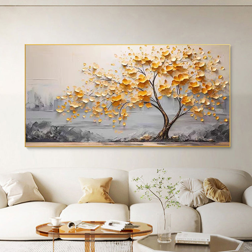 Golden Bloom Tree Painting-Hand Drawn Thick Painted Gold Flower Tree Texture Wall Art