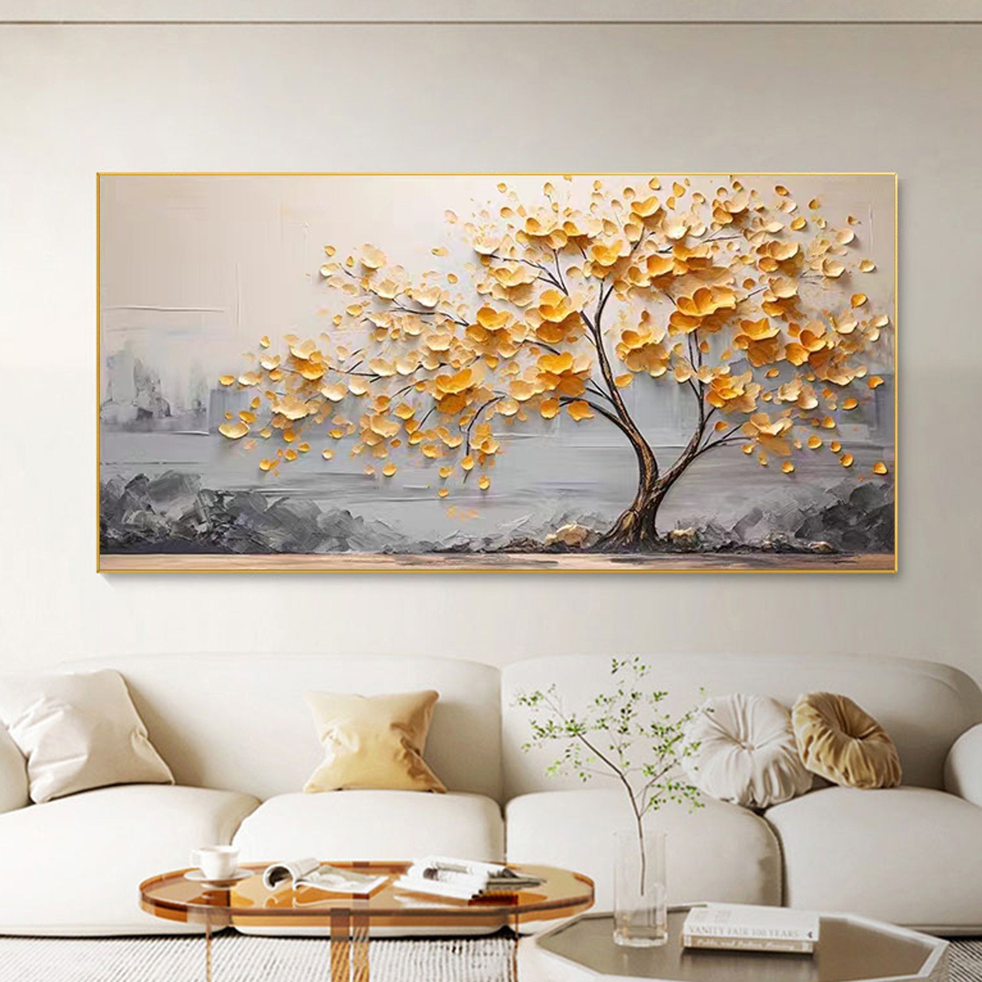 Golden Bloom Tree Painting-Hand Drawn Thick Painted Gold Flower Tree Texture Wall Art