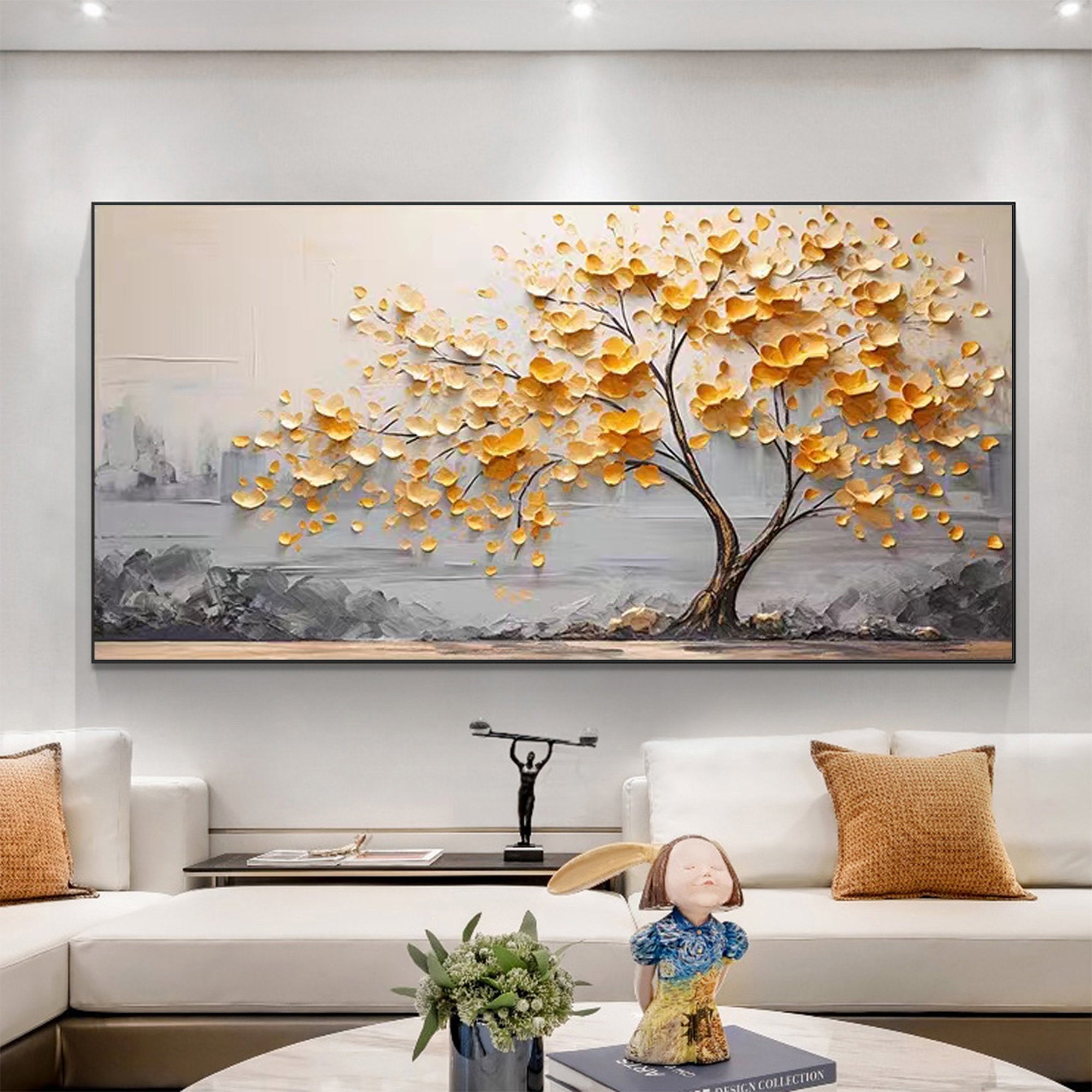 Golden Bloom Tree Painting-Hand Drawn Thick Painted Gold Flower Tree Texture Wall Art