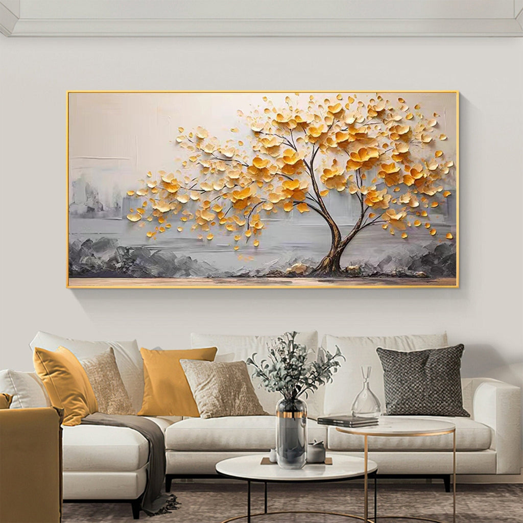 Golden Bloom Tree Painting-Hand Drawn Thick Painted Gold Flower Tree Texture Wall Art