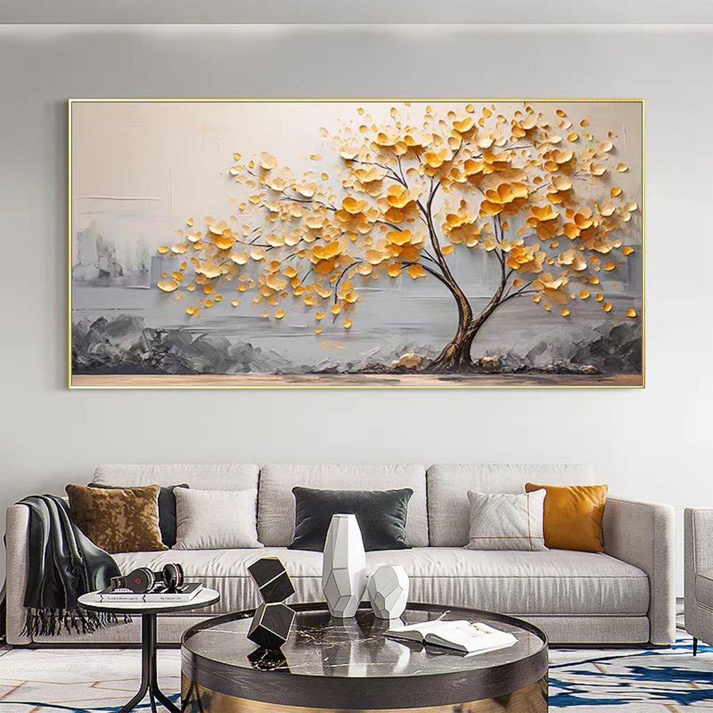 Golden Bloom Tree Painting-Hand Drawn Thick Painted Gold Flower Tree Texture Wall Art