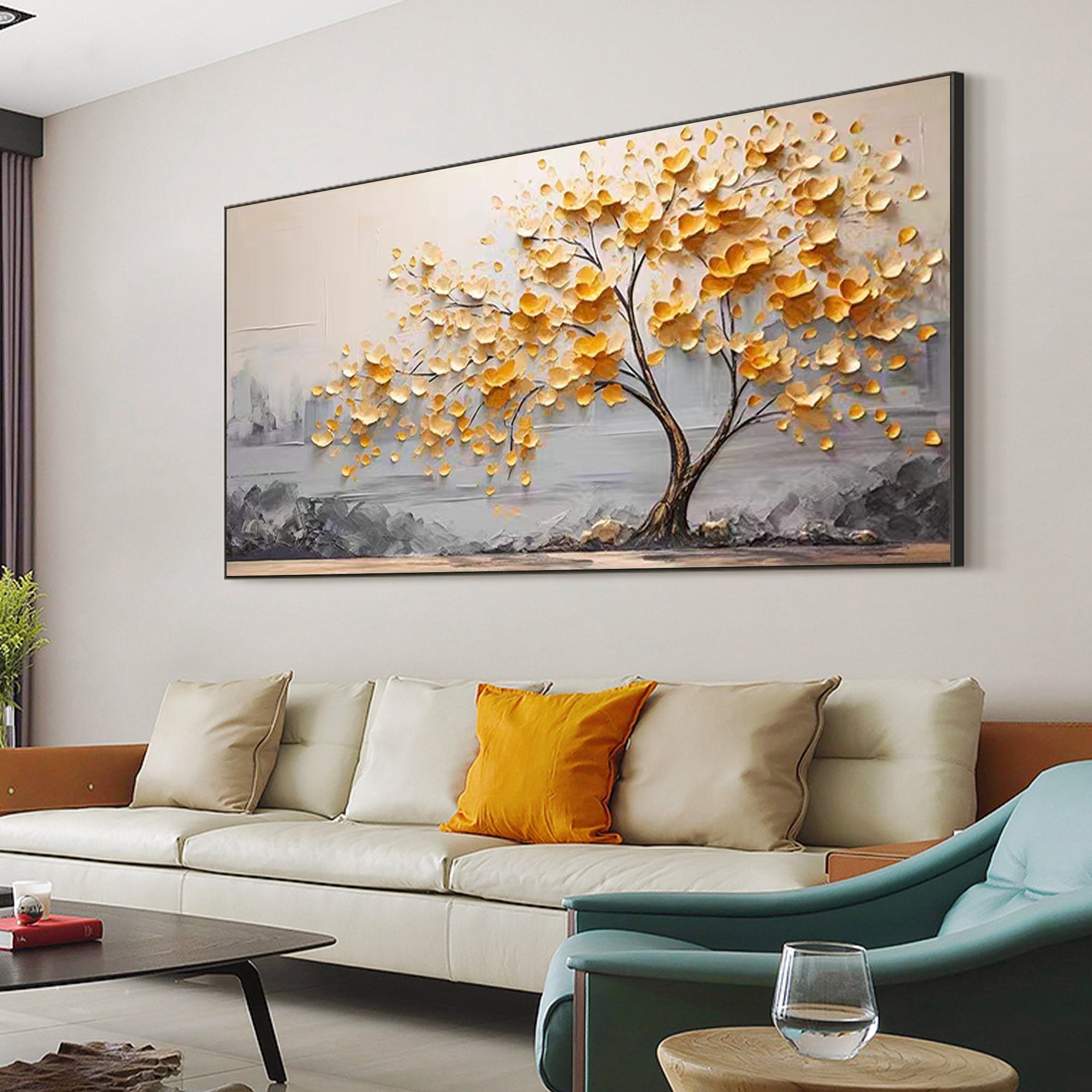 Golden Bloom Tree Painting-Hand Drawn Thick Painted Gold Flower Tree Texture Wall Art