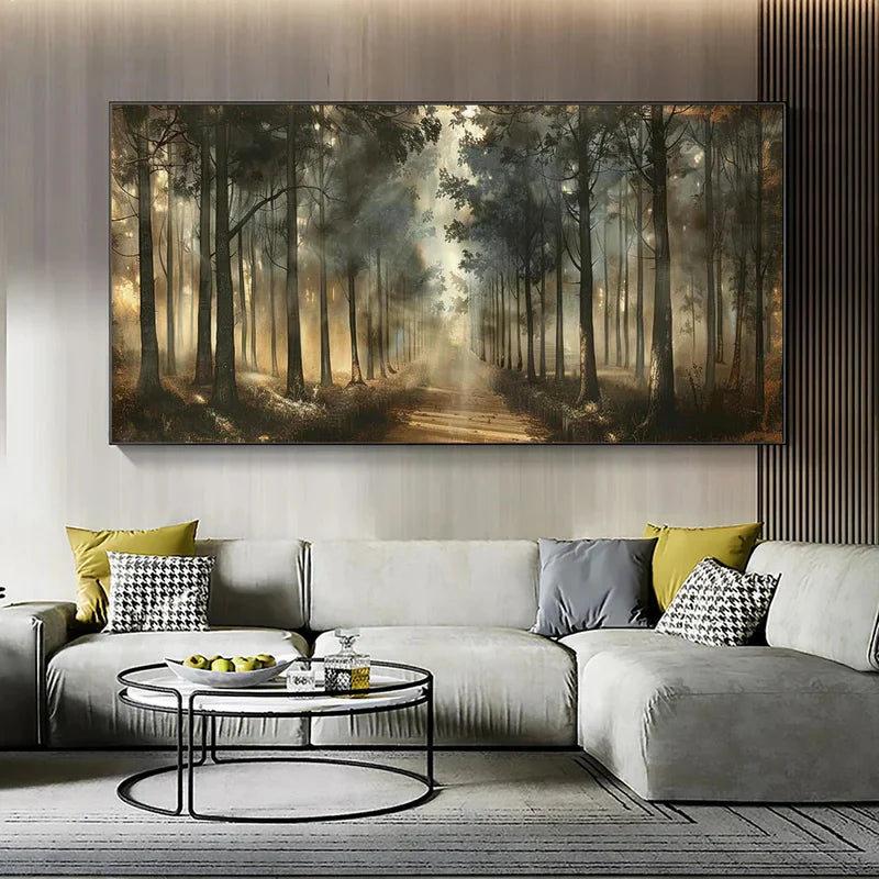 Misty Forest Path Wall Art | Nature Landscape Canvas Painting