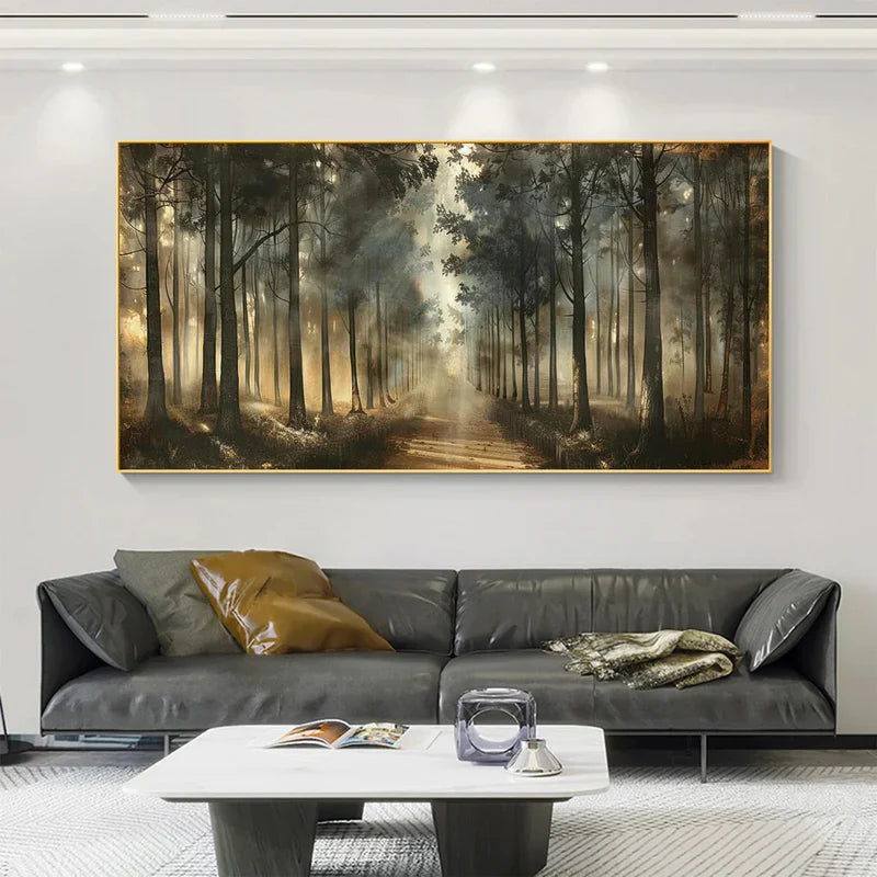 Misty Forest Path Wall Art | Nature Landscape Canvas Painting