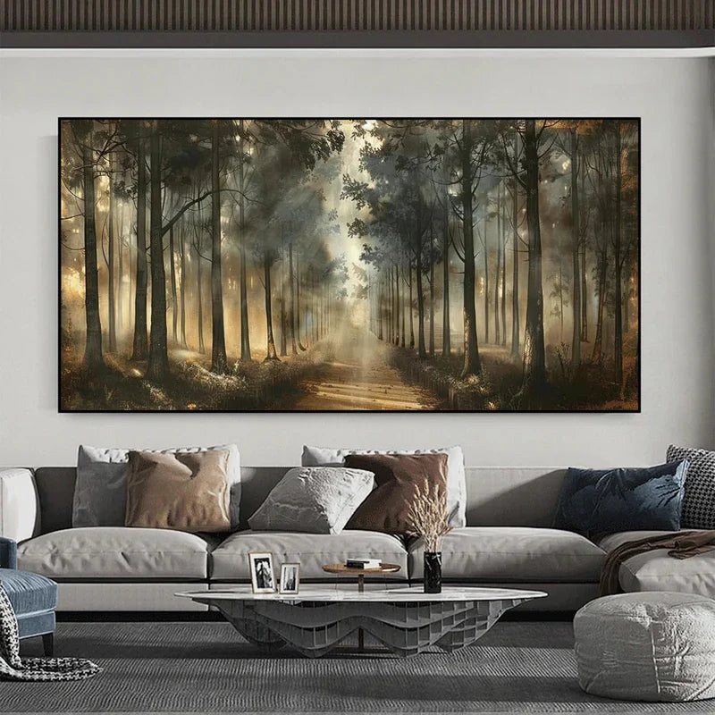 Misty Forest Path Wall Art | Nature Landscape Canvas Painting