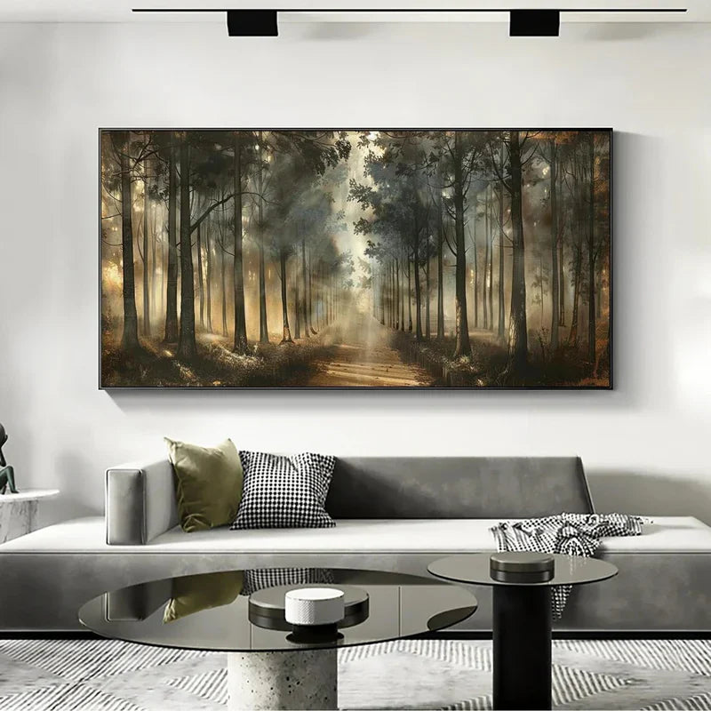Misty Forest Path Wall Art | Nature Landscape Canvas Painting