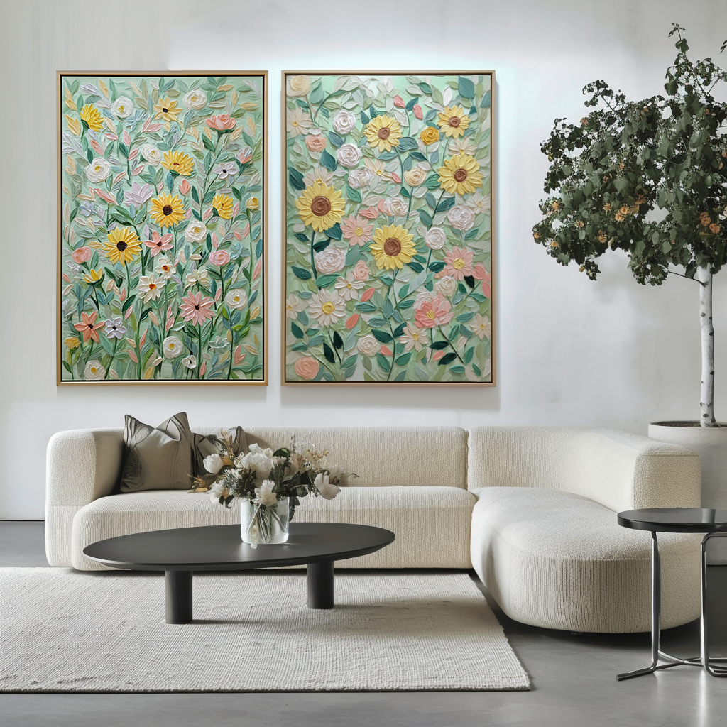 Sunflowers & Blossoms Textured Oil Painting | Floral Wall Art for Home Décor