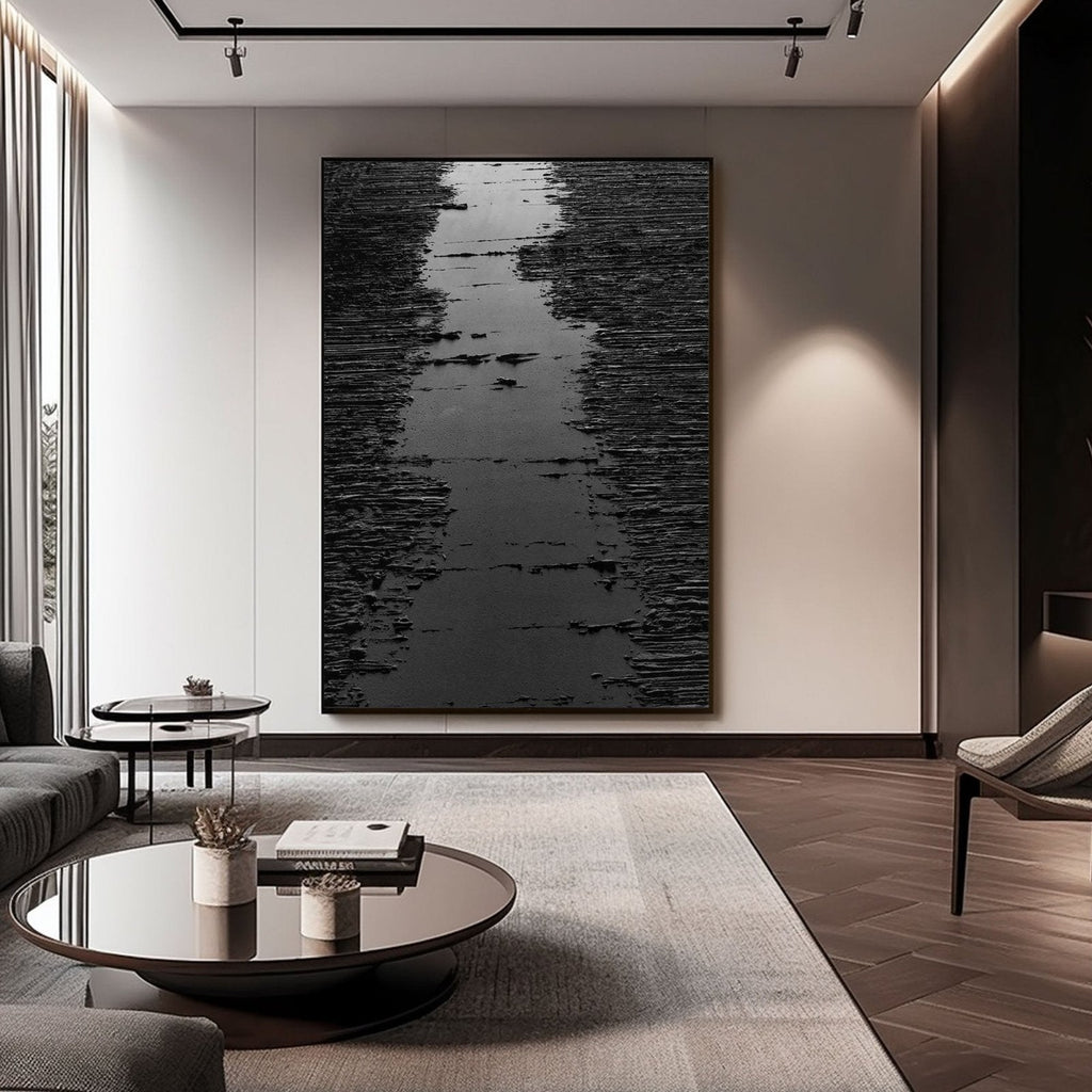 Minimalist Black Oil Painting "Midnight Path"