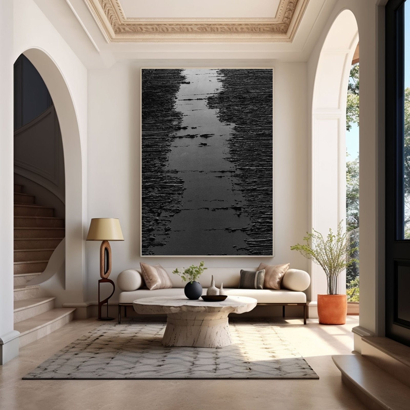 Minimalist Black Oil Painting "Midnight Path"