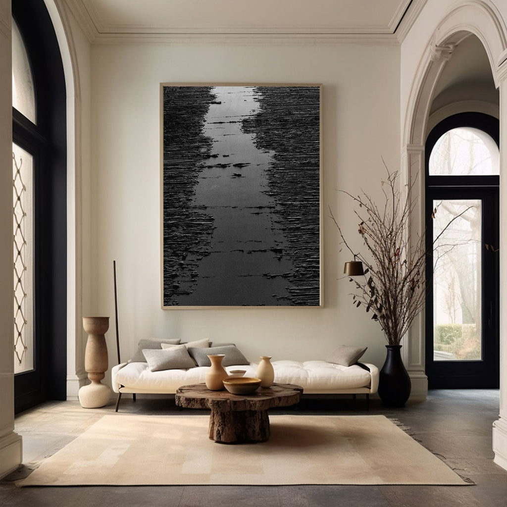 Minimalist Black Oil Painting "Midnight Path"