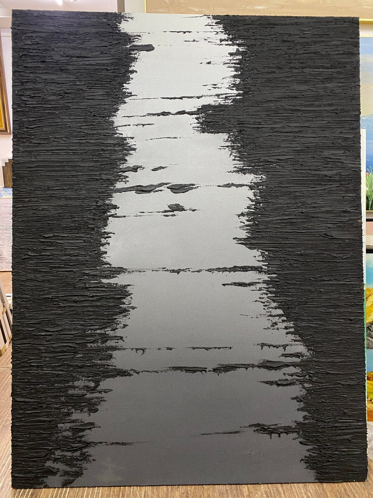Minimalist Black Oil Painting "Midnight Path"