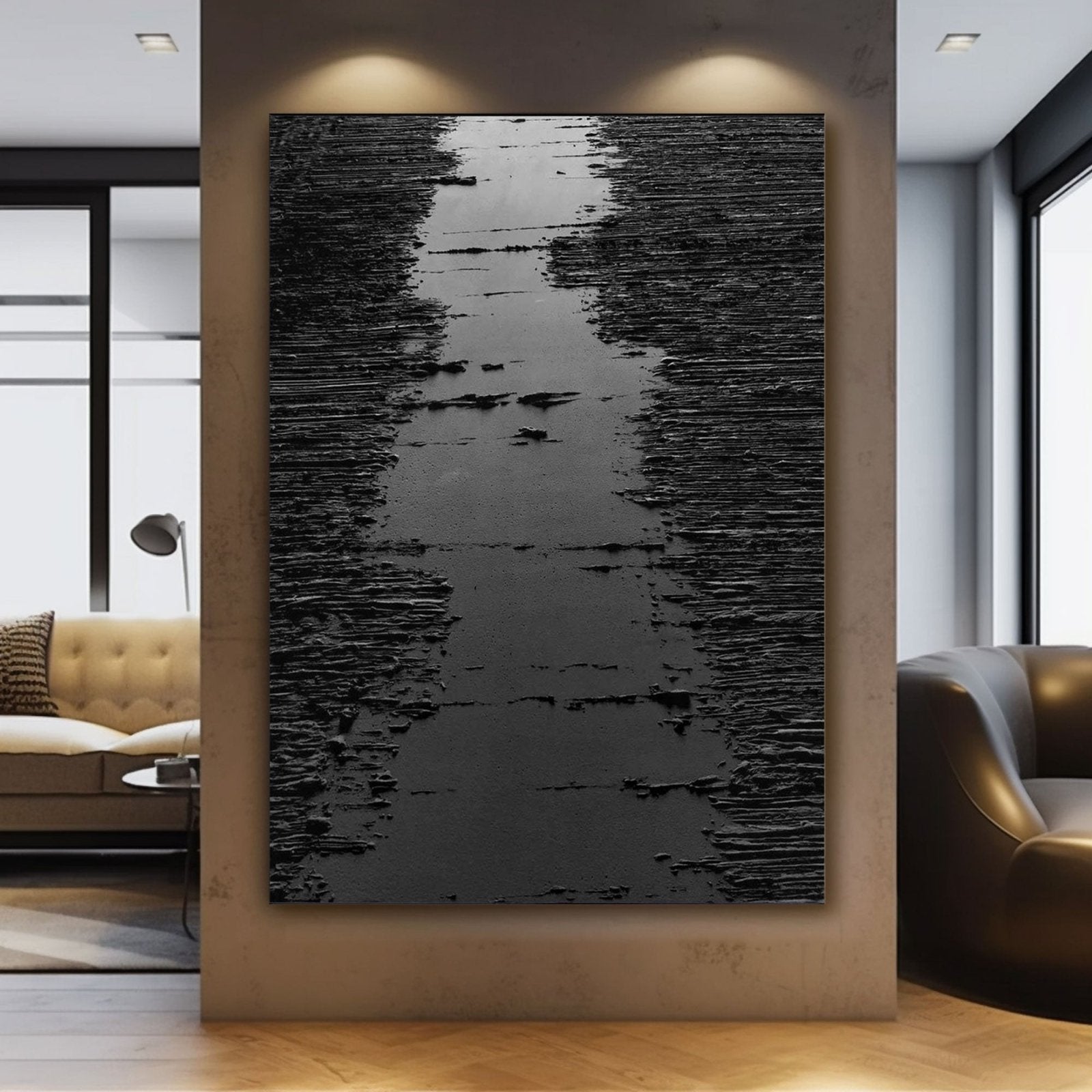 Minimalist Black Oil Painting "Midnight Path"