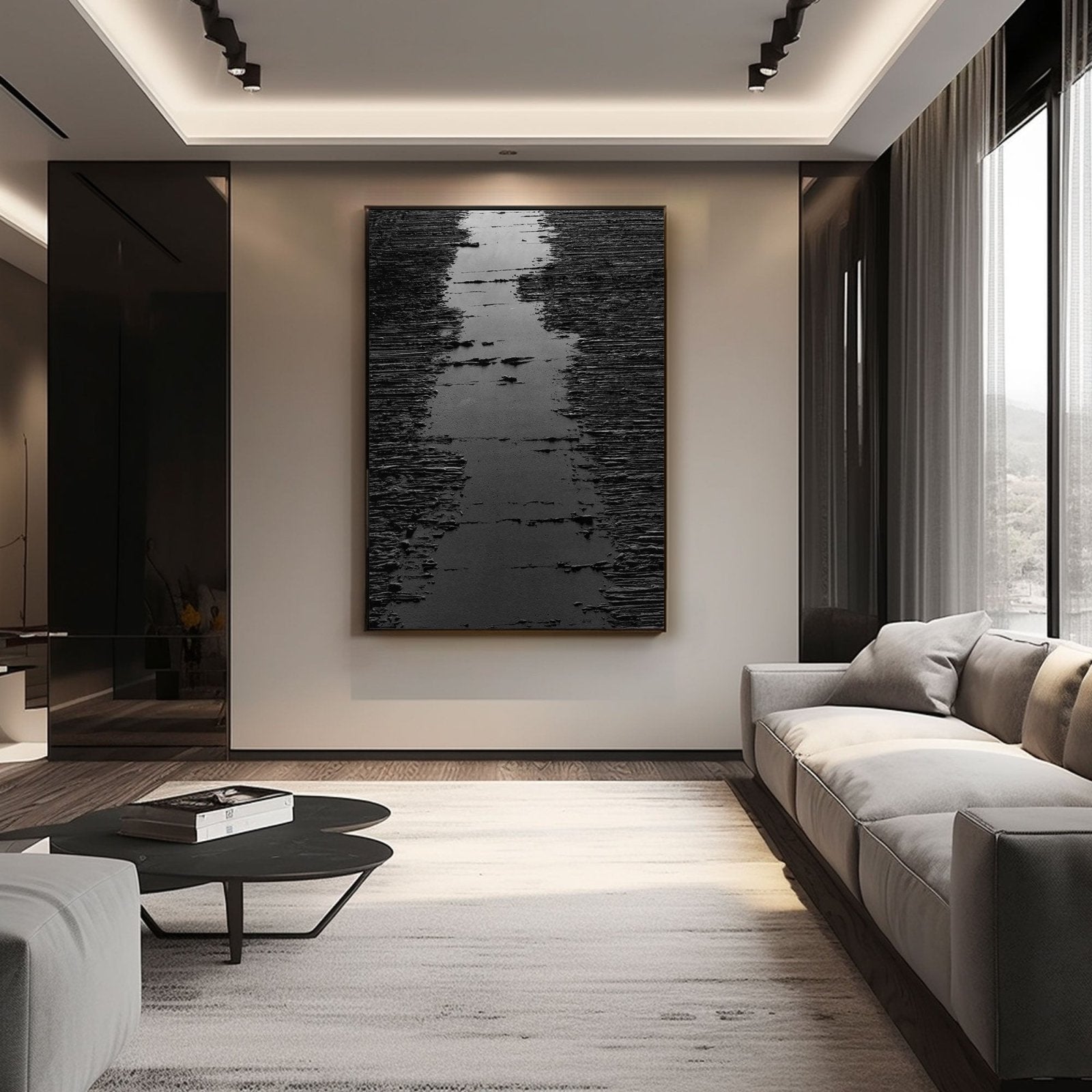 Minimalist Black Oil Painting "Midnight Path"
